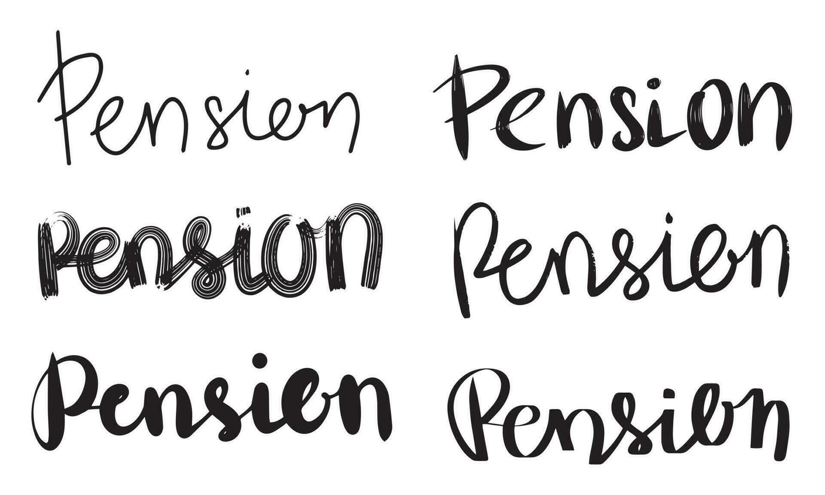 stor samling ord pension borsta. pension, pensionering begrepp. hand text Citat isolerat på vit bakgrund. vektor typografi för affischer, kort, klistermärken, etiketter, social media