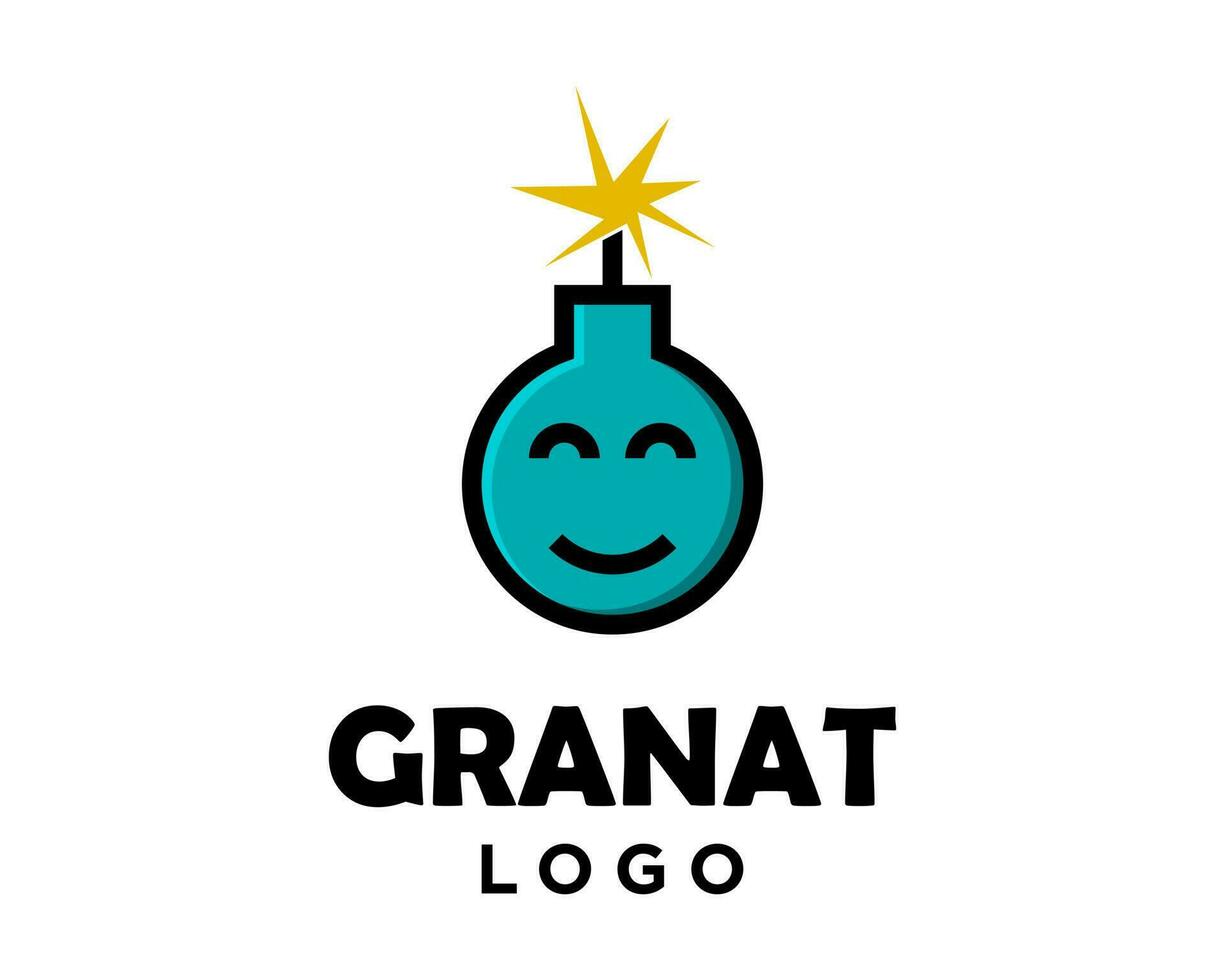 en blå och svart logotyp med en leende bomba och en smiley ansikte vektor
