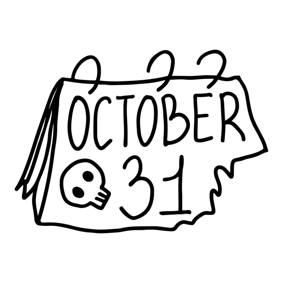 Hand gezeichnet Design von 31 Oktober Kalender Seite mit Schädel Bild im Gekritzel Stil vektor