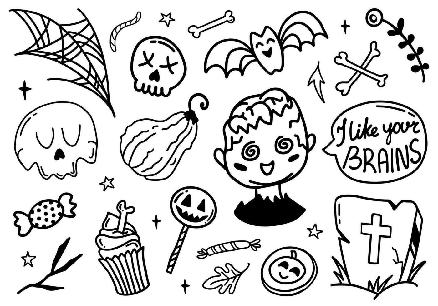 glücklich Halloween süß Vektor einstellen mit Zombie, Schläger, Cupcake, Schädel, Grab, Süssigkeit, Kürbis lollypop isoliert auf Weiß Hintergrund. ich mögen Ihre Gehirne Rede Blase Beschriftung Zitat im Gekritzel Stil