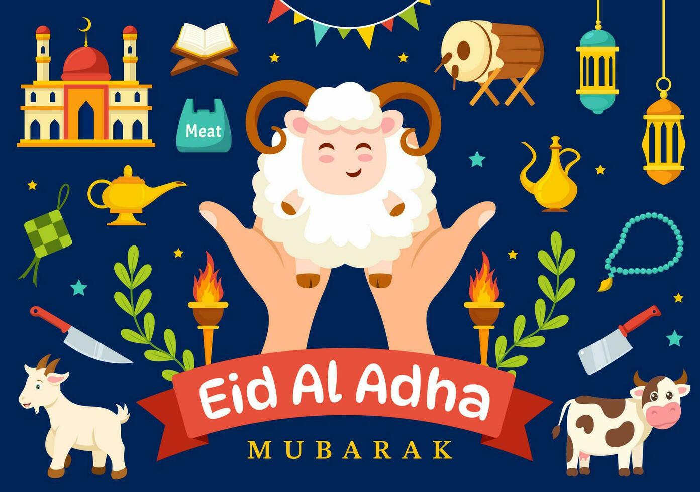 glücklich eid al adha Mubarak Vektor Illustration von Muslime Feier mit Opfer Tiere Ziege und Kuh im eben Karikatur Hand gezeichnet Vorlagen