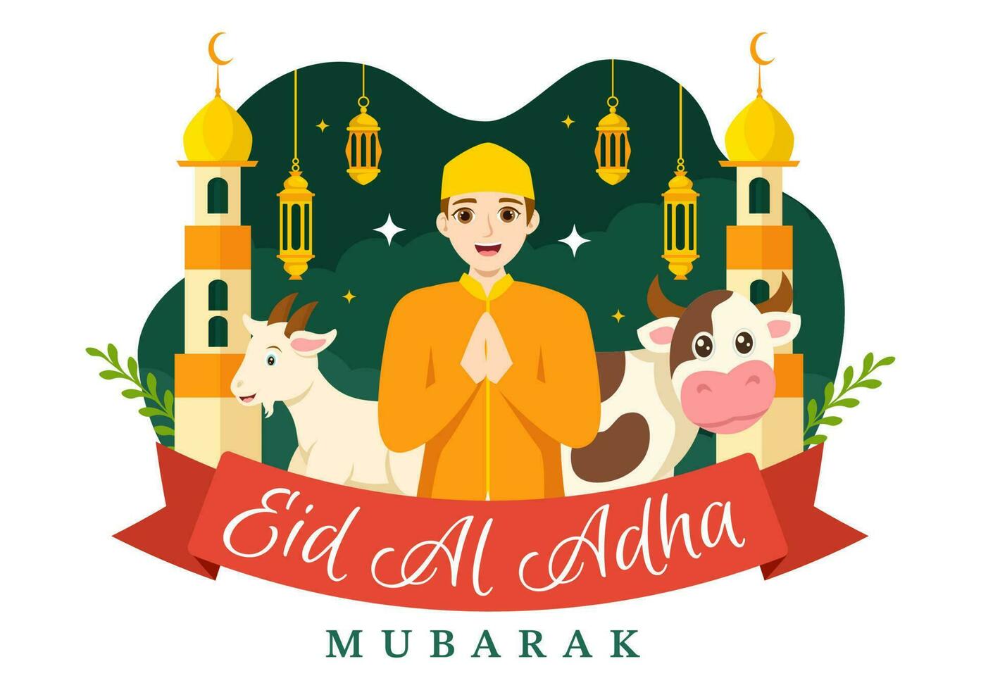 Lycklig eid al Adha mubarak vektor illustration av barn muslims firande med offer- djur get och ko i tecknad serie hand dragen mallar