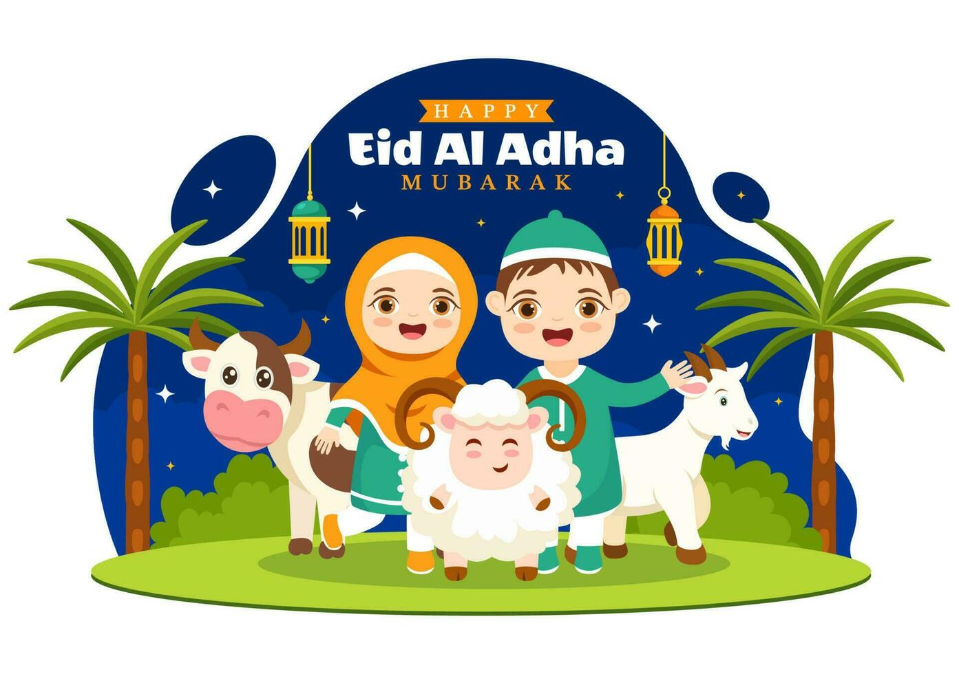 Lycklig eid al Adha mubarak vektor illustration av barn muslims firande med offer- djur get och ko i tecknad serie hand dragen mallar