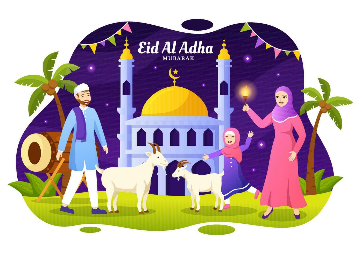 glücklich eid al adha Mubarak Vektor Illustration von Kinder Muslime Feier mit Opfer Tiere Ziege und Kuh im Karikatur Hand gezeichnet Vorlagen