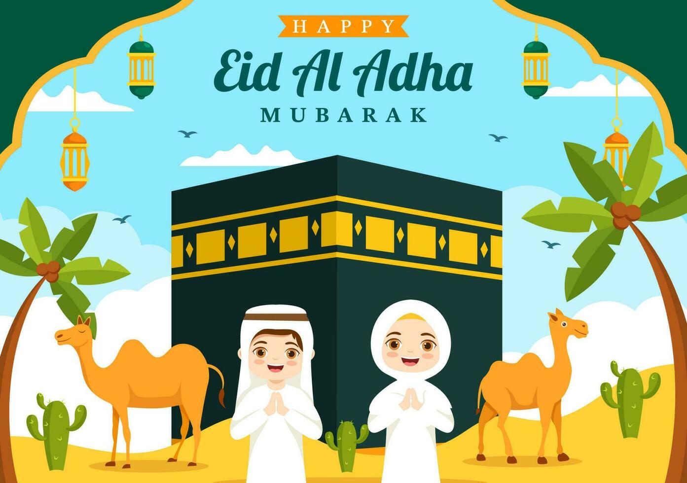 Lycklig eid al Adha mubarak vektor illustration av barn muslims firande med offer- djur get och ko i tecknad serie hand dragen mallar