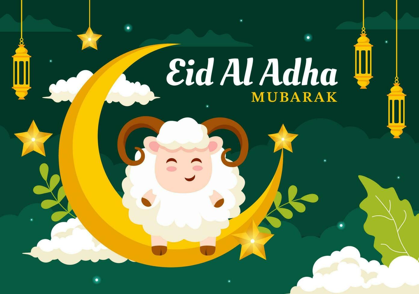 Lycklig eid al Adha mubarak vektor illustration av muslims firande med offer- djur get och ko i platt tecknad serie hand dragen mallar