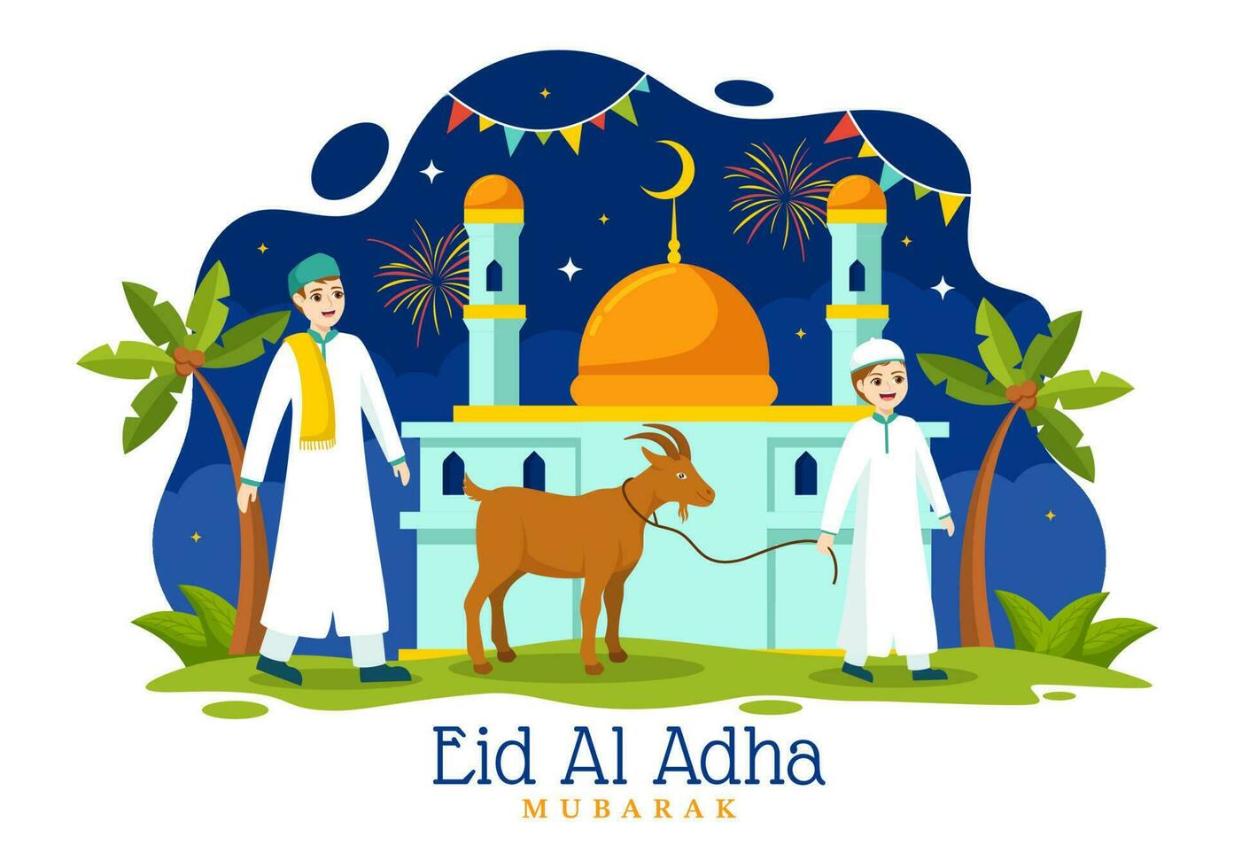 Lycklig eid al Adha mubarak vektor illustration av barn muslims firande med offer- djur get och ko i tecknad serie hand dragen mallar