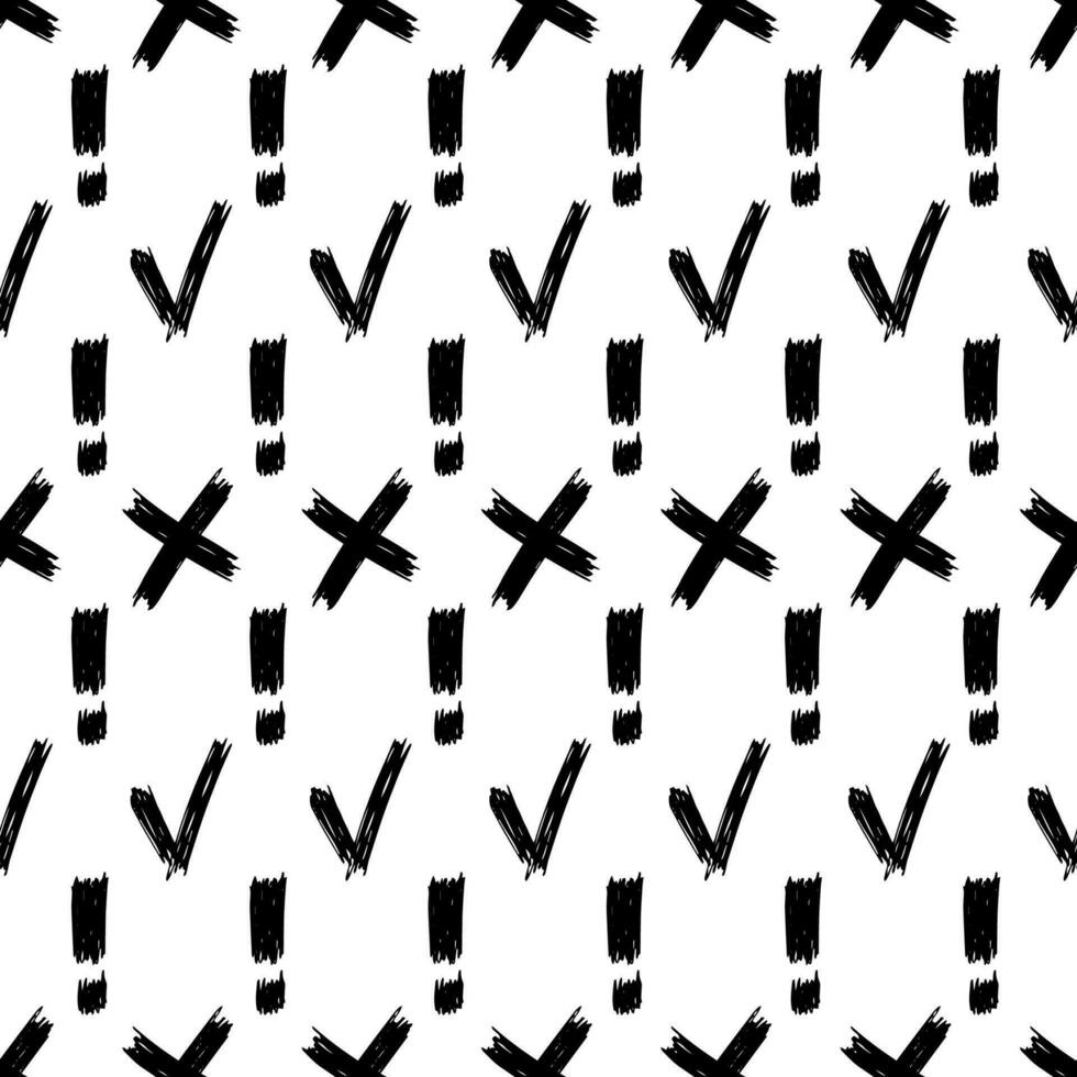 nahtlos Muster mit Hand gezeichnet überprüfen, Kreuz und Ausruf Kennzeichen Symbole. schwarz skizzieren Kreuz Symbol auf Weiß Hintergrund. Vektor Illustration