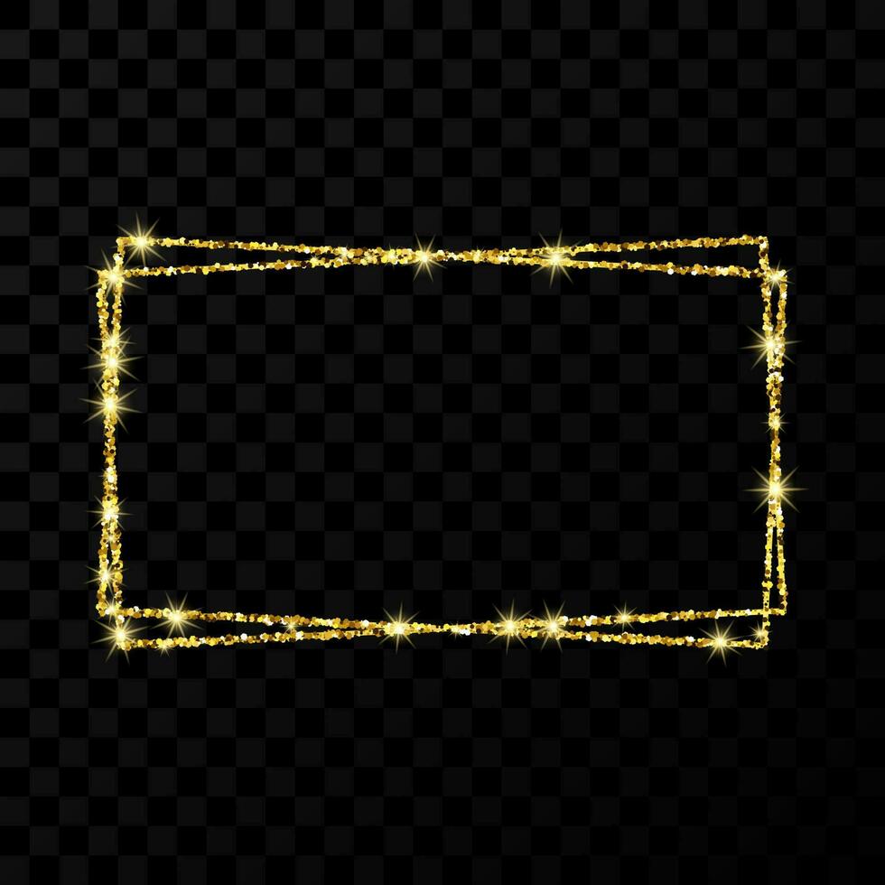 guld dubbel- rektangel ram. modern skinande ram med ljus effekter isolerat på mörk vektor