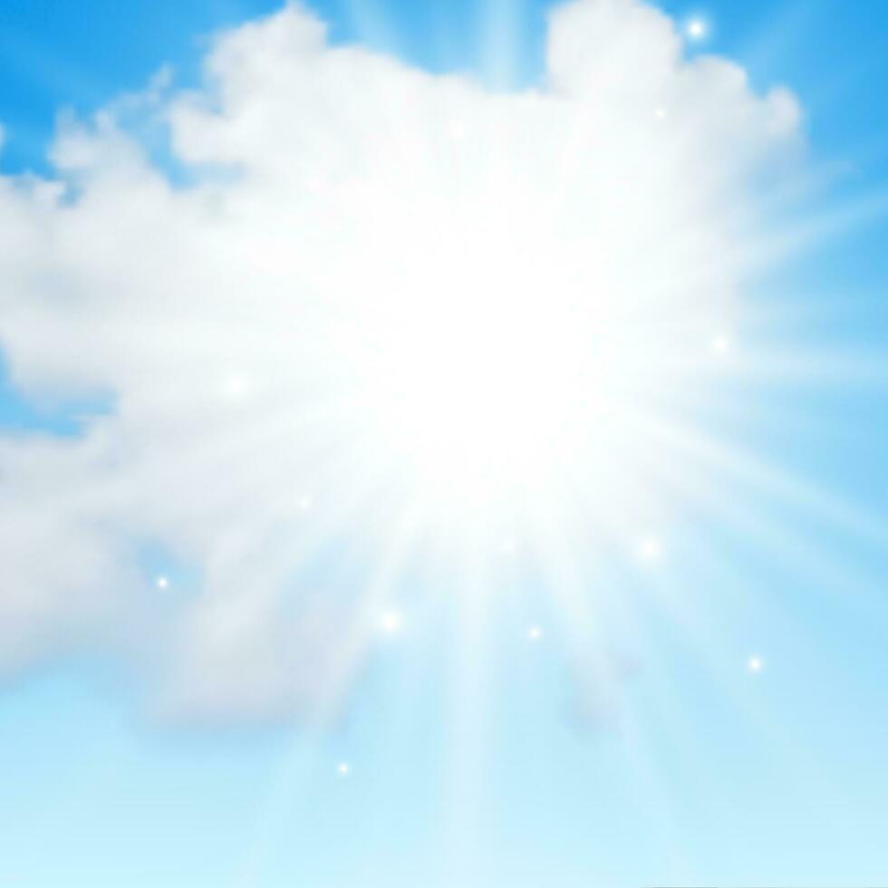 natürlich Hintergrund mit Wolken und Sonne auf Blau Himmel. realistisch Wolke auf Blau Hintergrund. Vektor Illustration
