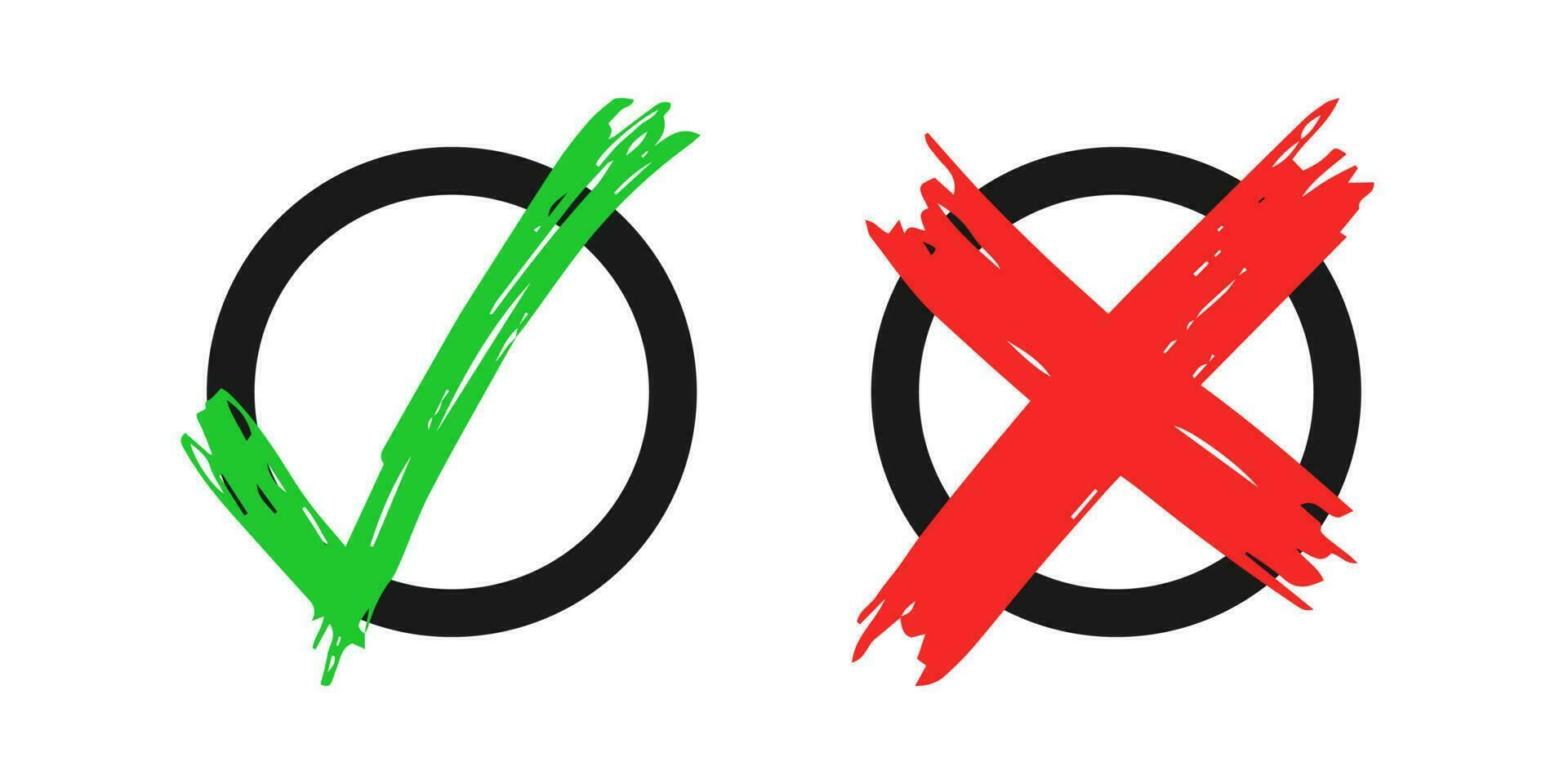 Hand gezeichnet prüfen und Kreuz Zeichen Elemente isoliert auf Weiß Hintergrund. Grunge Gekritzel Grün Häkchen in Ordnung und rot x im schwarz Kreis Symbole. Vektor Illustration