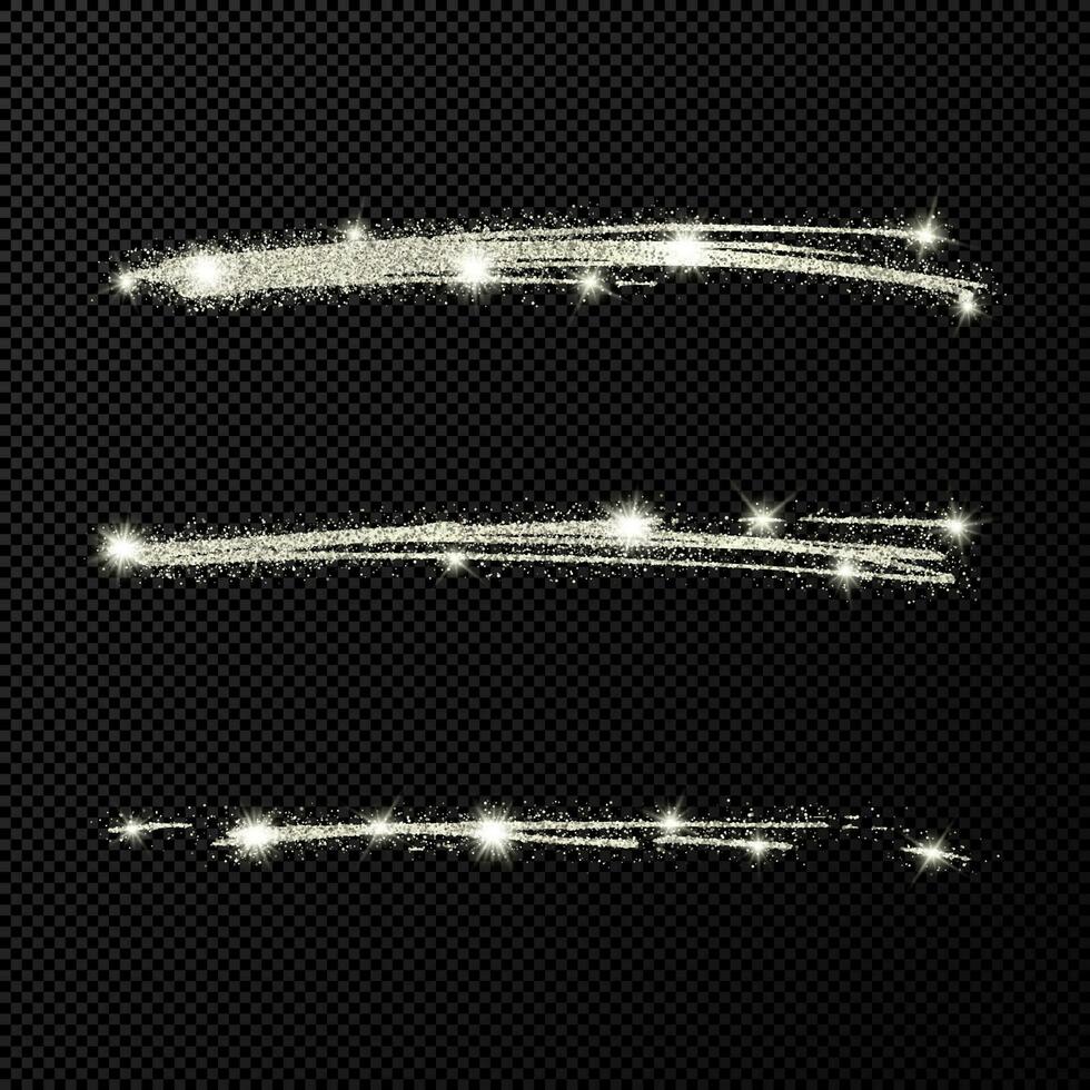 abstrakt skinande konfetti glittrande vågor. uppsättning av tre hand dragen borsta silver- stroke på svart vektor