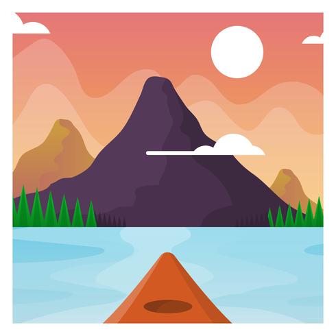 Flache Kayak fahrende erste Personen-Ansicht mit Landschaftshintergrund-Vektor-Illustration vektor