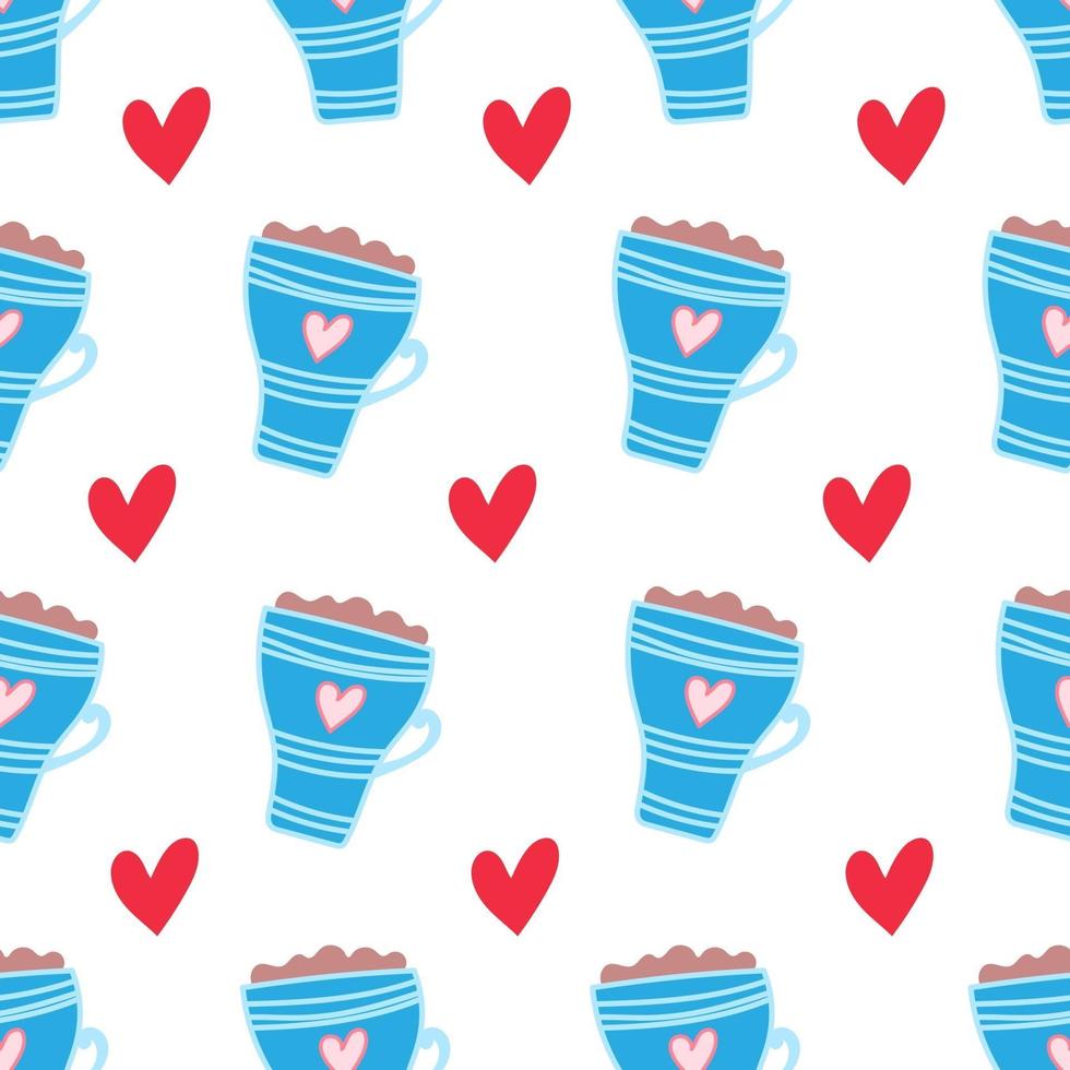 Vektor nahtloses Muster von kawaii Kaffeetassen und Herzen auf einem pastellpurpurnen Hintergrund