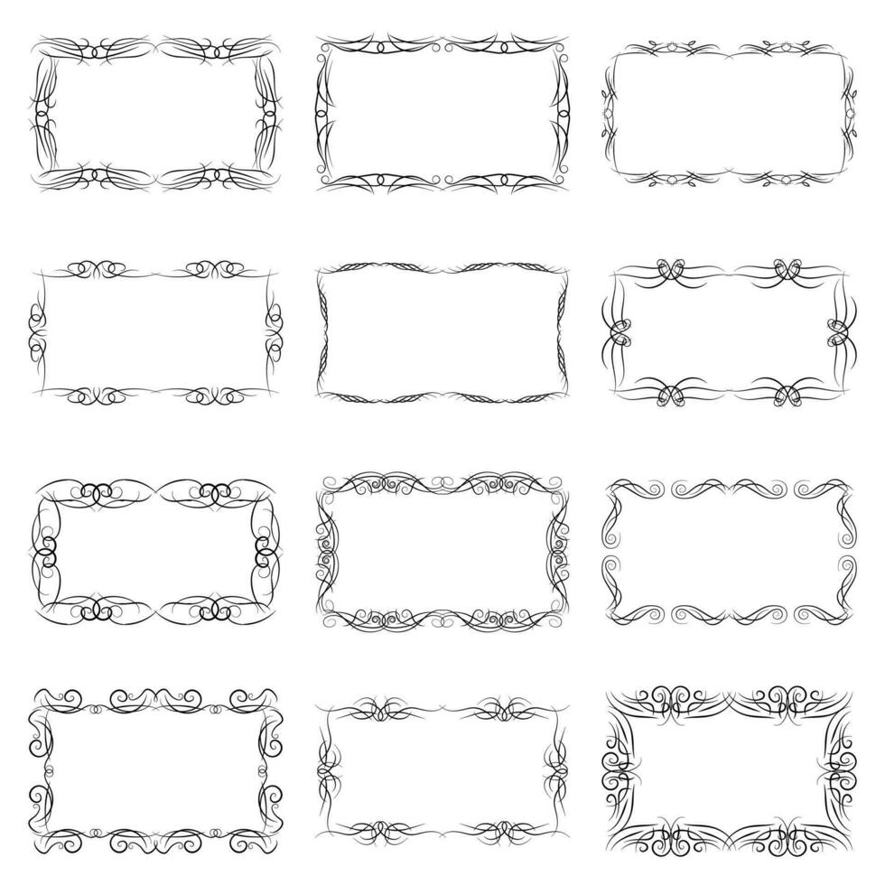 Satz von zwölf dekorativen horizontalen Vintage-Rahmen mit dem Platz für Ihren Text in der Mitte. Vintage-Ornament-Grußkartenvorlage. Vektor-Illustration. vektor