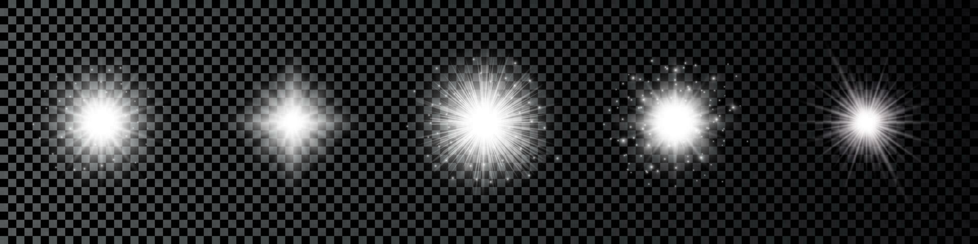 ljus effekt av lins bloss. uppsättning av fem vit lysande lampor starburst effekter med pärlar vektor