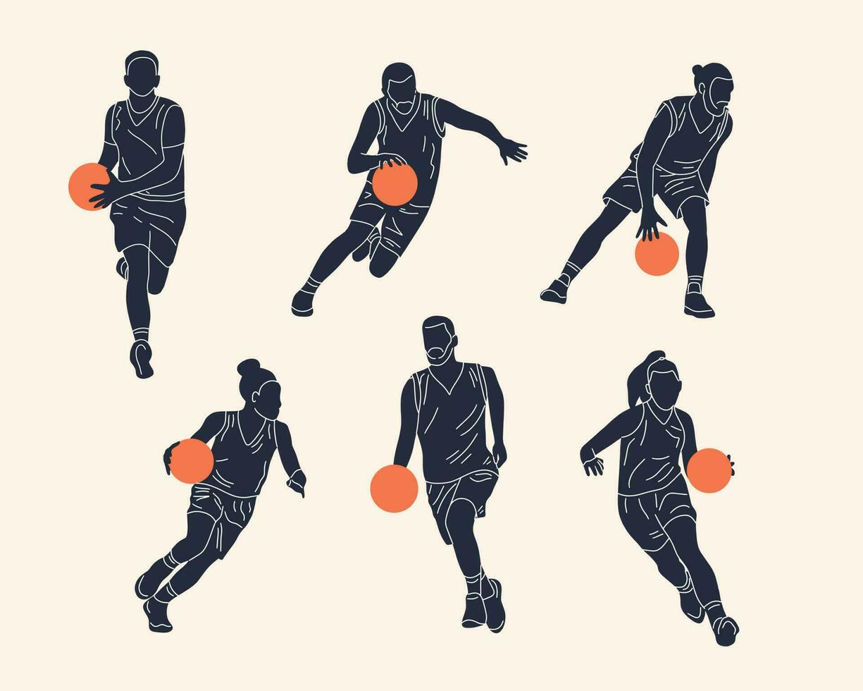 hand dragen basketboll spelare vektor silhuett uppsättning. enkel klotter illustration för sport lag, redskap och evenemang