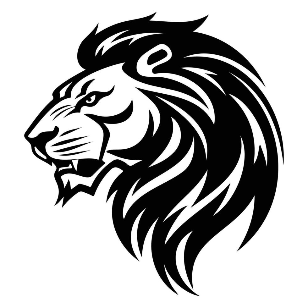 våldsam lejon, arg lejon ansikte sida, lejon maskot logotyp, lejon svart och vit djur- symbol design. vektor