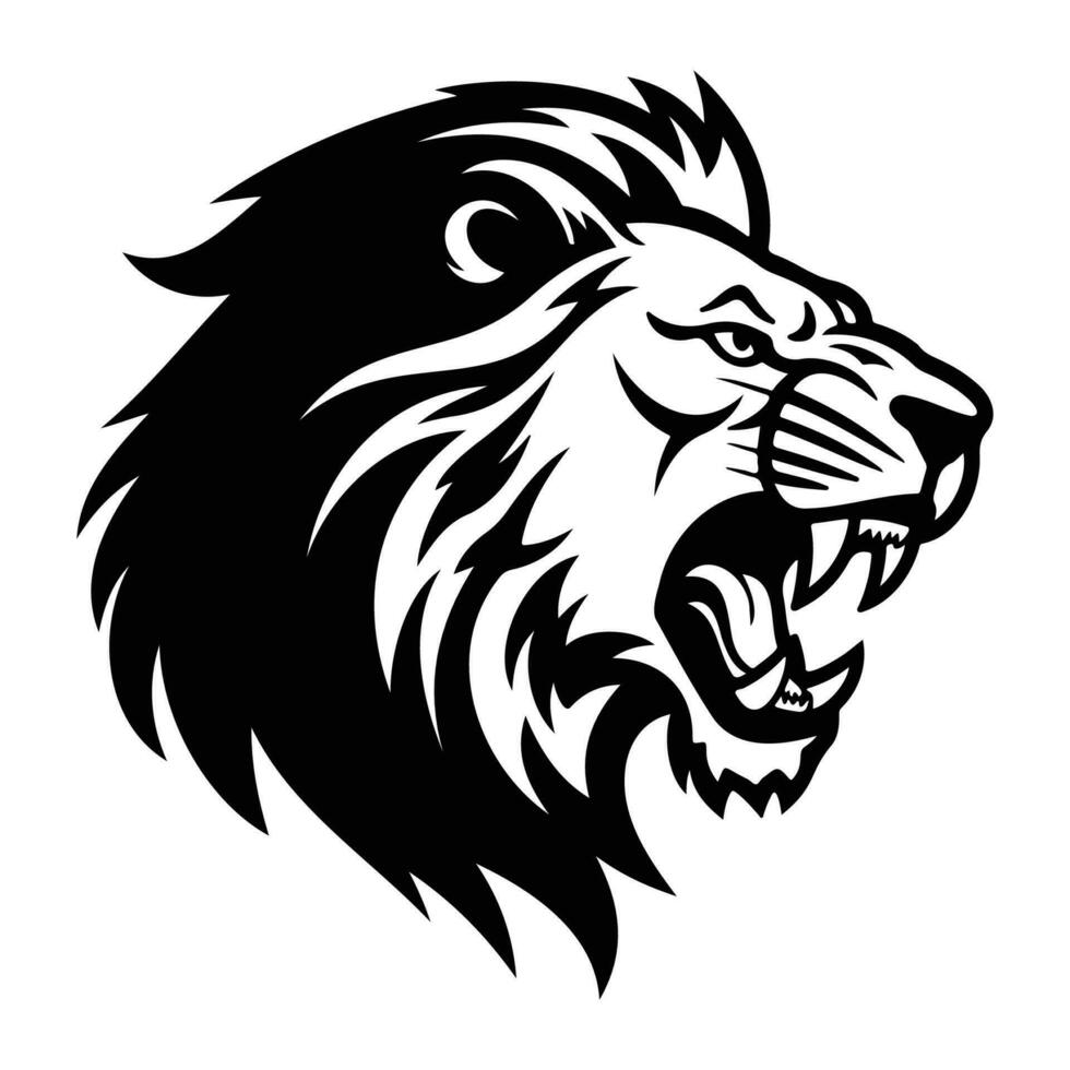 wild Löwe, wütend Löwe Gesicht Seite, Löwe Maskottchen Logo, Löwe schwarz und Weiß Tier Symbol Design. vektor