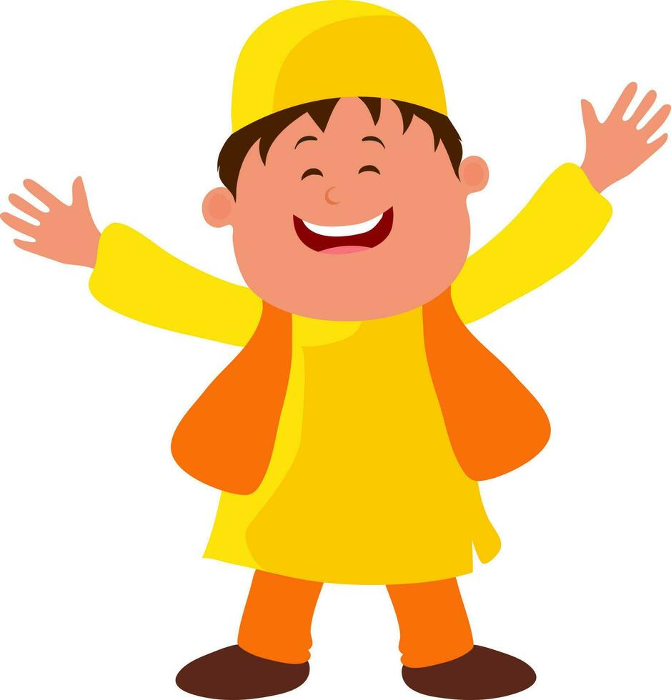 Lycklig muslim pojke i gul och orange kläder. vektor