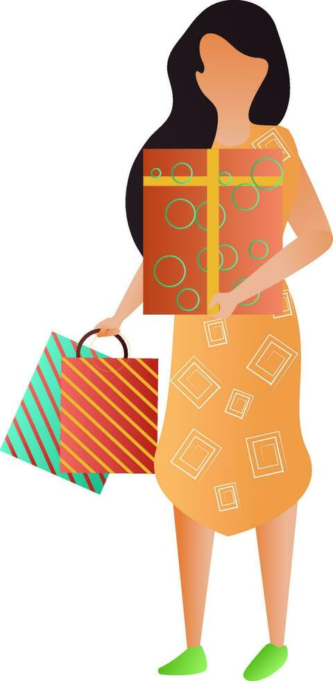 gesichtslos Mädchen halten Einkaufen Tasche mit Geschenk Kasten. vektor