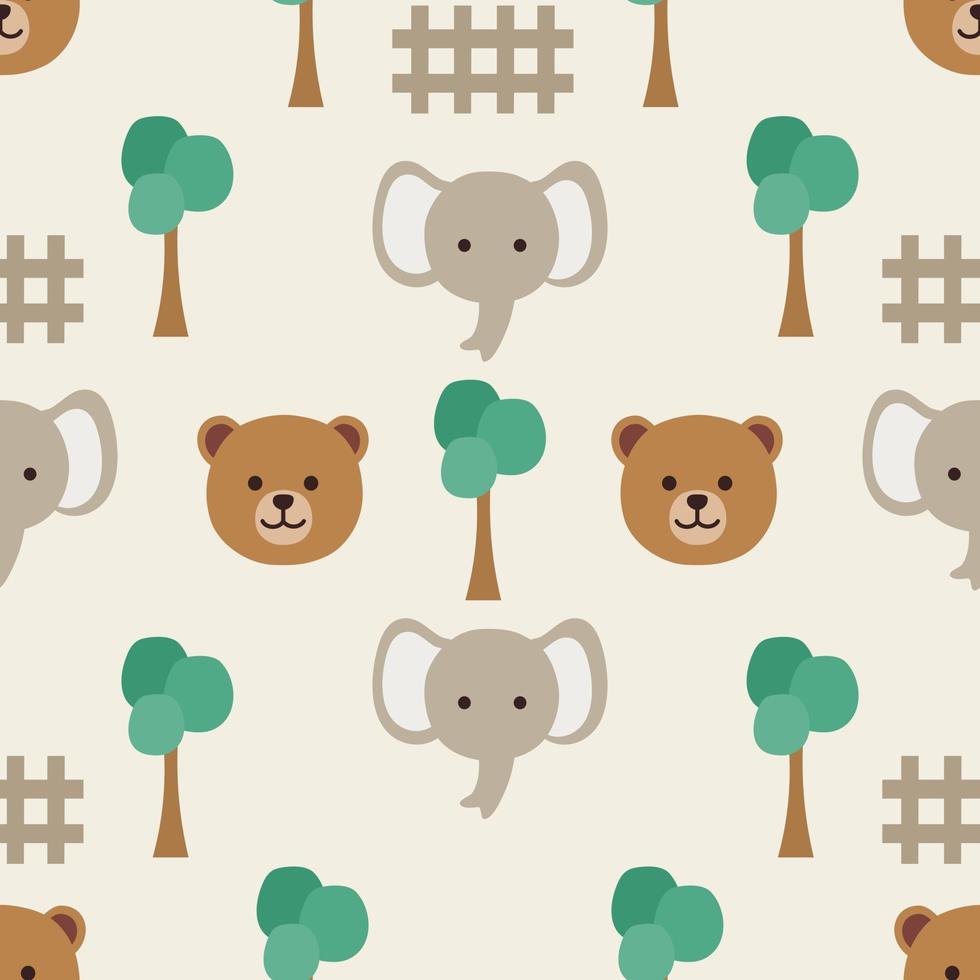 nahtloses Muster mit niedlichem Bärenelefanten und Baum vektor