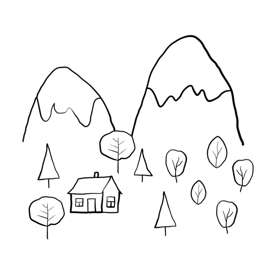 einfach Färbung Buch zum Kinder Berge und Wald. Vektor linear stilisiert Bild zum Kreativität zum Kinder. isoliert auf ein Weiß Hintergrund