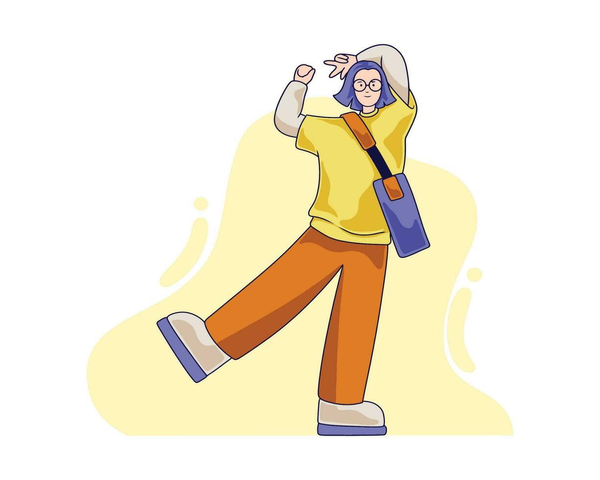 Vektor Illustration von ein Mädchen mit Brille und kurz Haar Verwendet ein Schlinge Tasche und Aufzüge einer Bein eben Gekritzel Stil