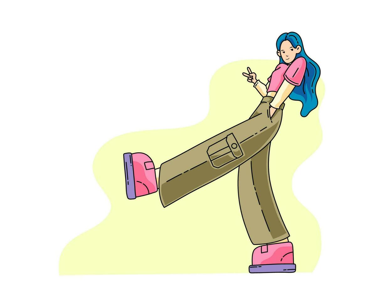 Vektor Illustration lange Haar Mädchen Stehen mit richtig Hand im Tasche und links Hand Show Frieden Symbol eben Gekritzel Stil