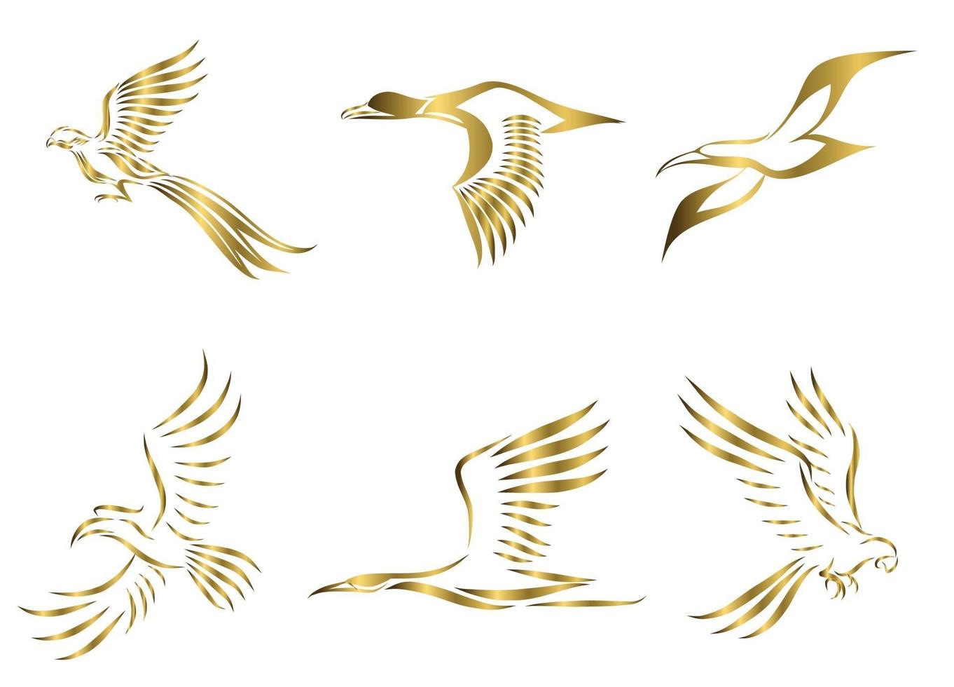 Satz von sechs Goldvektorbildern von verschiedenen fliegenden Vögeln wie Fasanen-Möwen-Stockenten-Kranichvogel und Ara, gute Verwendung für Symbolmaskottchen-Symbol-Avatar und -Logo vektor