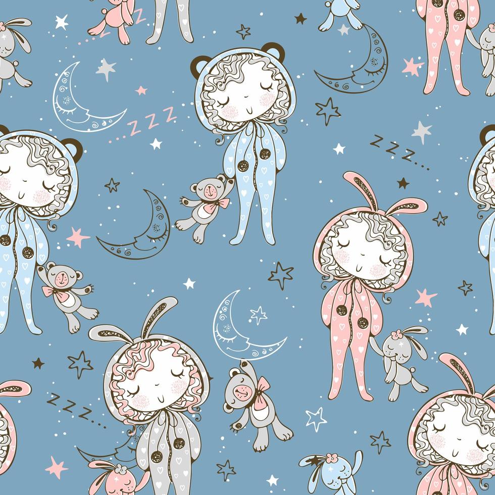 sömlösa mönster med barn i pyjamas med kaninleksaker och nalle dess tid att sova vektor