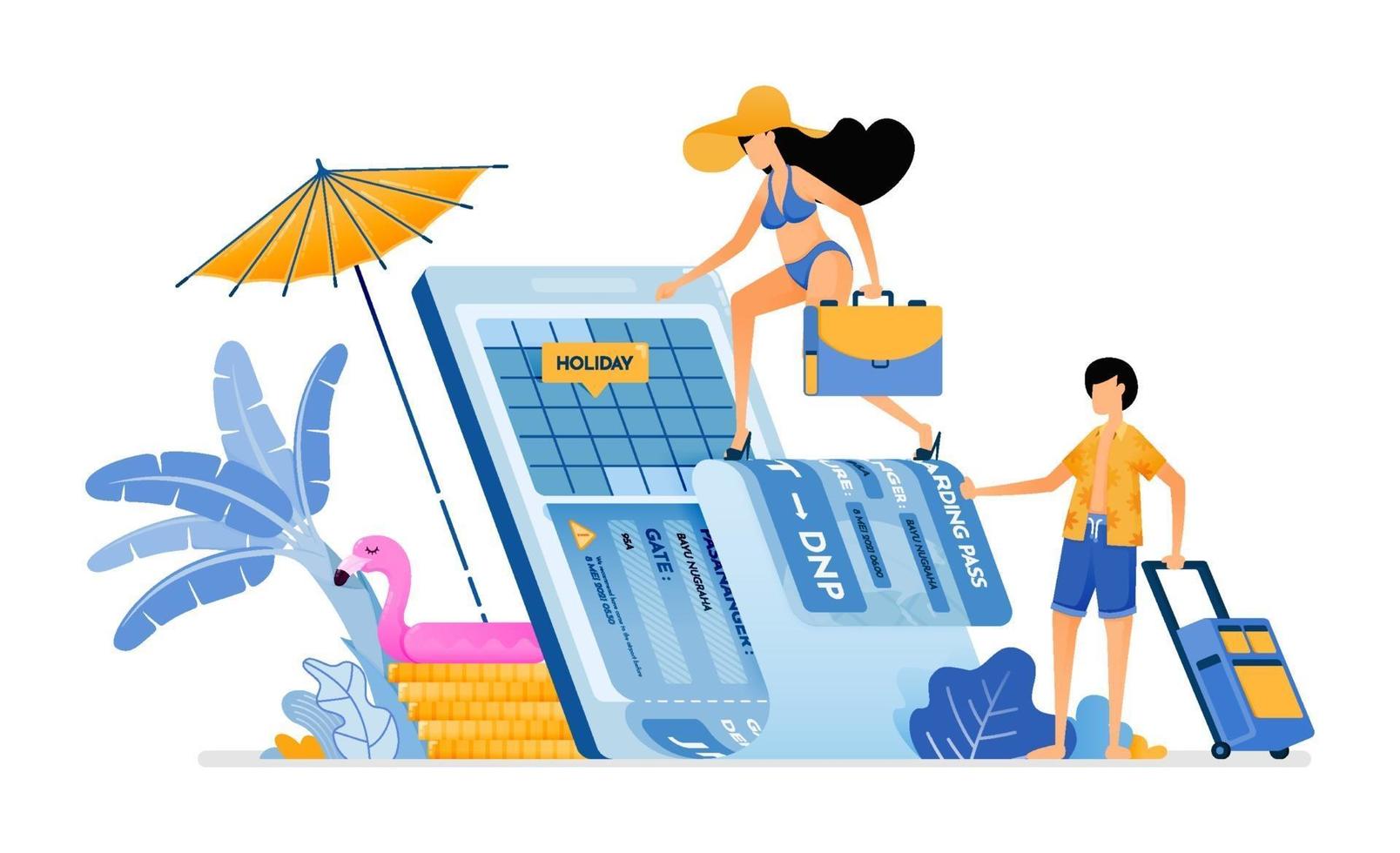 Wählen Sie das Datum des Flugtickets für den Urlaub auf der tropischen Insel Strand Kauf von Urlaubstickets nach Bali mit mobilen Apps Illustration kann für Landingpage Banner Website Web-Poster-Broschüre verwendet werden vektor
