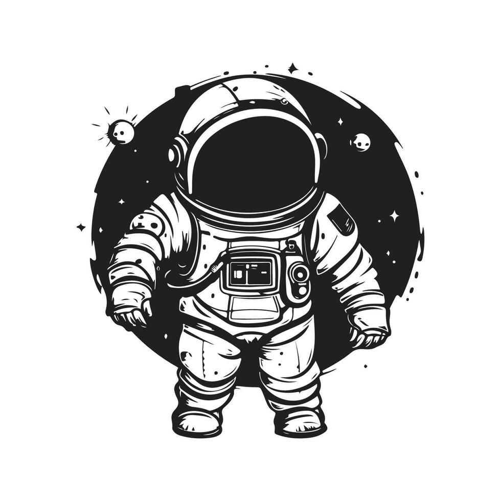 tecknad serie astronaut, årgång logotyp linje konst begrepp svart och vit Färg, hand dragen illustration vektor