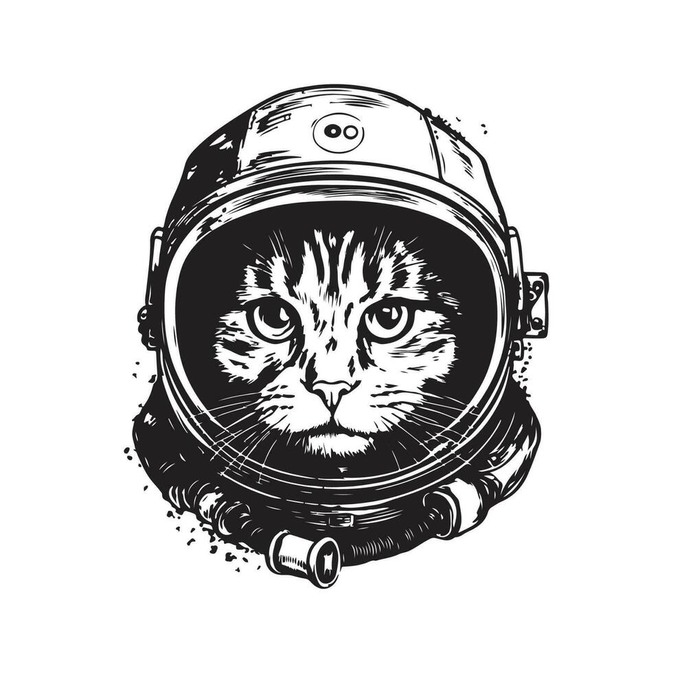 katt astronaut, årgång logotyp linje konst begrepp svart och vit Färg, hand dragen illustration vektor