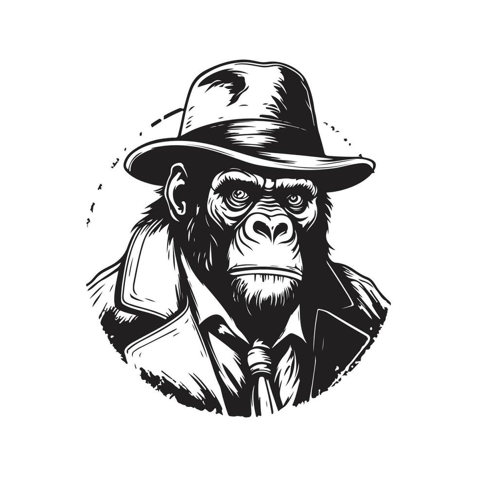 orangutang detektiv, årgång logotyp linje konst begrepp svart och vit Färg, hand dragen illustration vektor