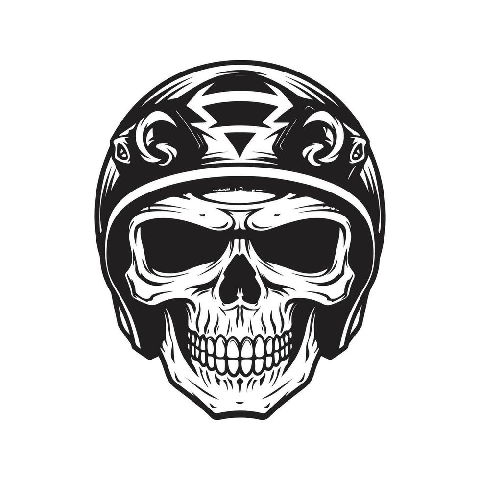 skalle cyklist bär hjälm, årgång logotyp linje konst begrepp svart och vit Färg, hand dragen illustration vektor
