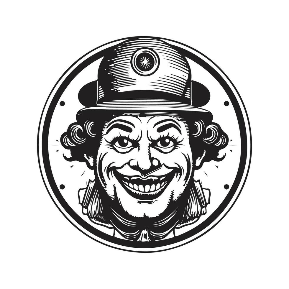 Zirkus Clown, Jahrgang Logo Linie Kunst Konzept schwarz und Weiß Farbe, Hand gezeichnet Illustration vektor