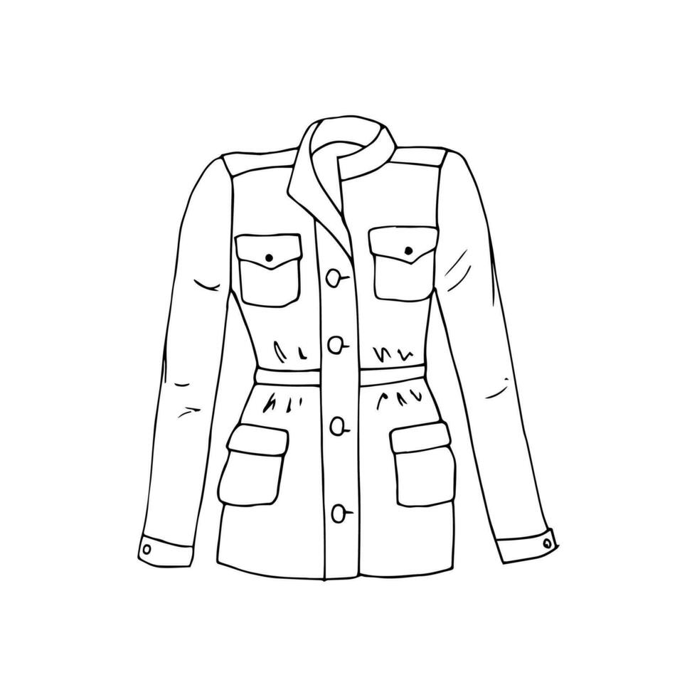 hand dragen militär stil kvinnors jacka, isolerat vektor illustration på klotter stil