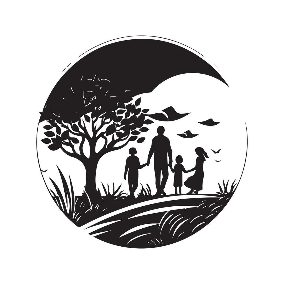 familjer i natur, årgång logotyp linje konst begrepp svart och vit Färg, hand dragen illustration vektor