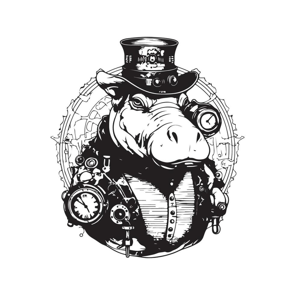 steampunk flodhäst, årgång logotyp linje konst begrepp svart och vit Färg, hand dragen illustration vektor