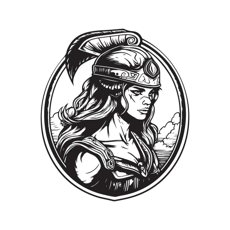 kvinna amazon krigare, årgång logotyp linje konst begrepp svart och vit Färg, hand dragen illustration vektor