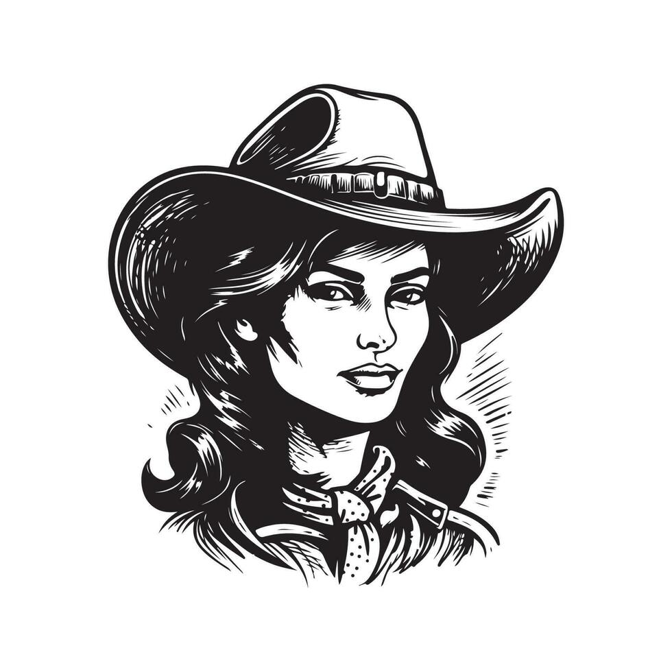 weiblich Cowboy Kopf, Jahrgang Logo Linie Kunst Konzept schwarz und Weiß Farbe, Hand gezeichnet Illustration vektor
