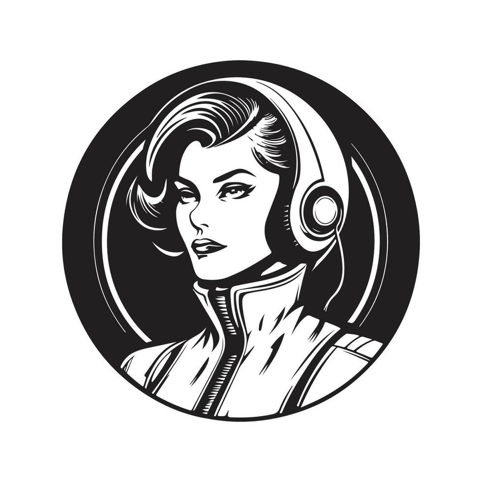 Wissenschaft Fiktion weiblich Held, Jahrgang Logo Linie Kunst Konzept schwarz und Weiß Farbe, Hand gezeichnet Illustration vektor