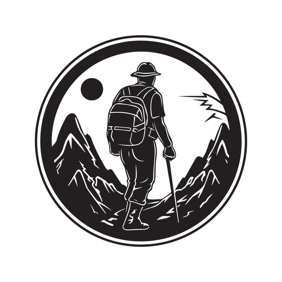 vandring, årgång logotyp linje konst begrepp svart och vit Färg, hand dragen illustration vektor