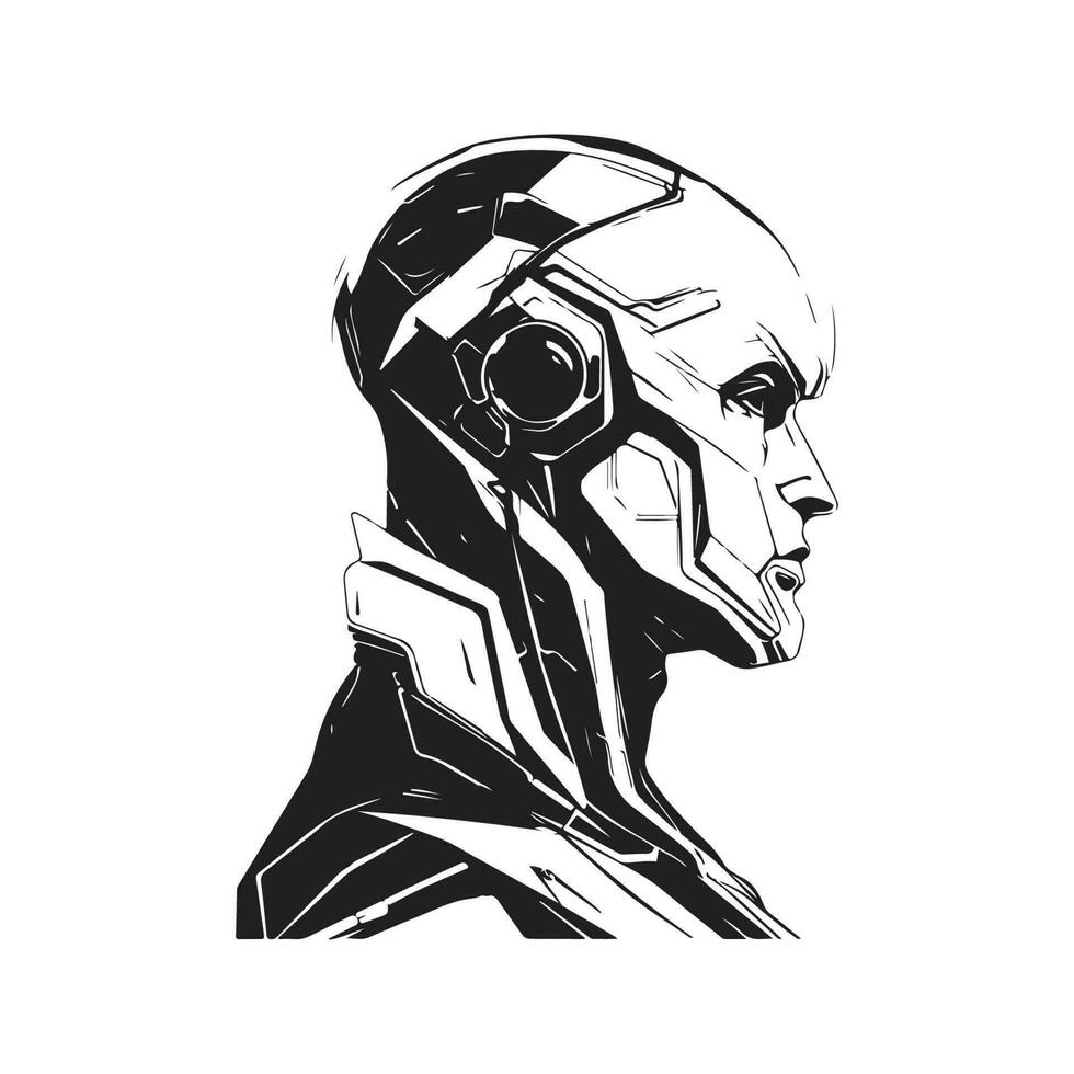 hoch Technik Mann von Zukunft, Jahrgang Logo Linie Kunst Konzept schwarz und Weiß Farbe, Hand gezeichnet Illustration vektor