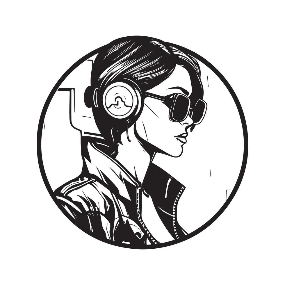 Mode Cyberpunk Mädchen, Jahrgang Logo Linie Kunst Konzept schwarz und Weiß Farbe, Hand gezeichnet Illustration vektor