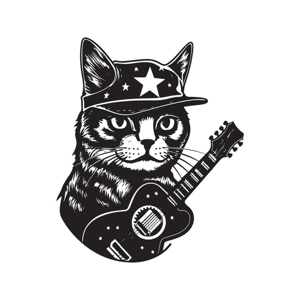 Rockstar Katze, Jahrgang Logo Linie Kunst Konzept schwarz und Weiß Farbe, Hand gezeichnet Illustration vektor