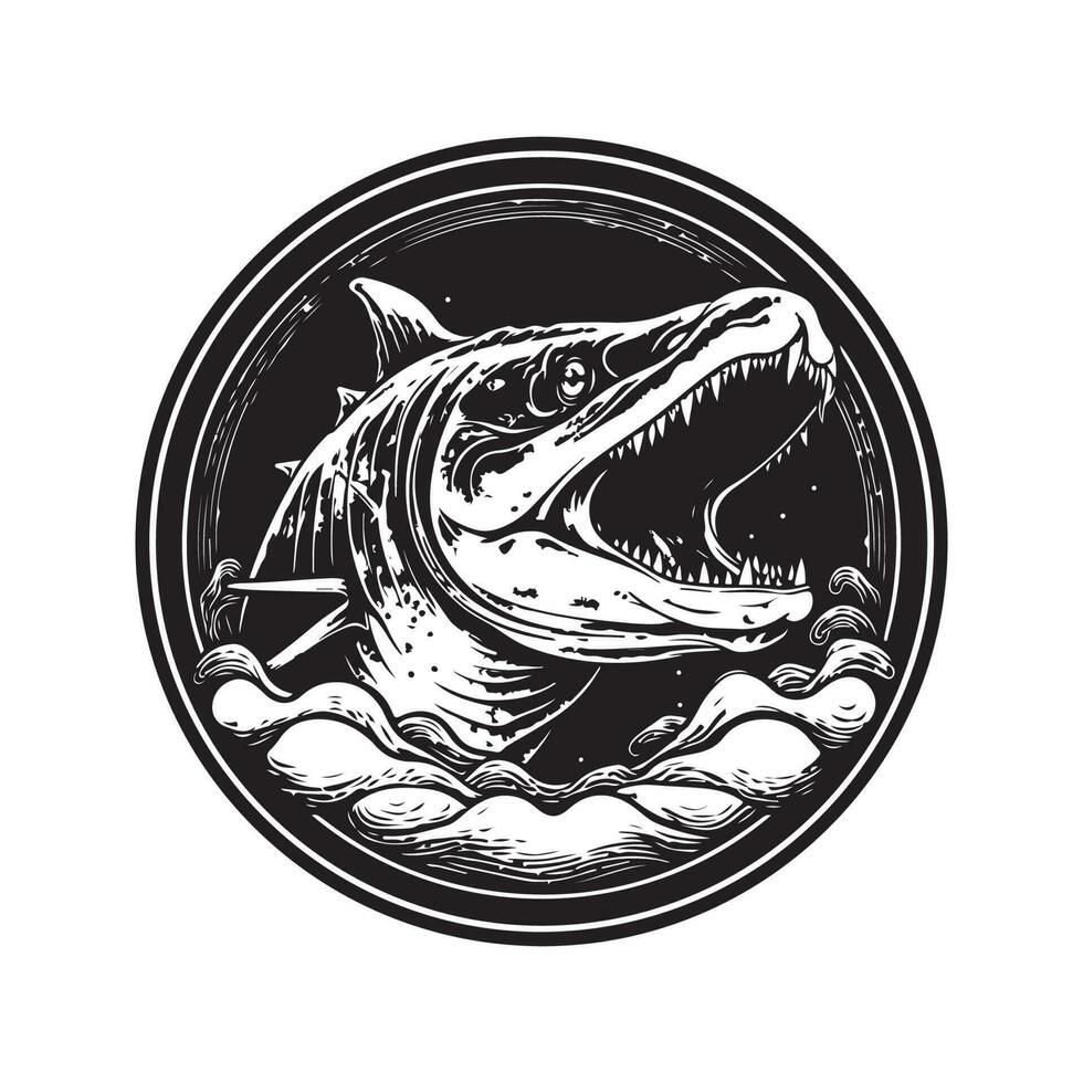 Mosasaurus, Jahrgang Logo Linie Kunst Konzept schwarz und Weiß Farbe, Hand gezeichnet Illustration vektor