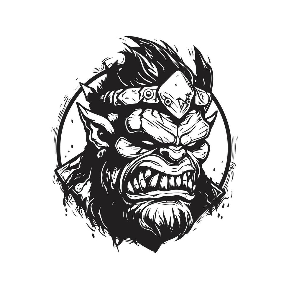 wild Ork brutal Krieger, Jahrgang Logo Linie Kunst Konzept schwarz und Weiß Farbe, Hand gezeichnet Illustration vektor