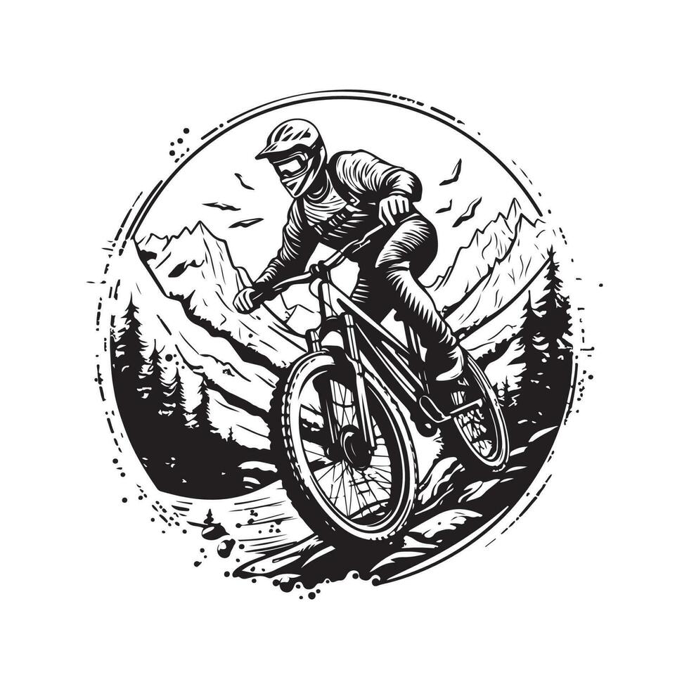 extrem Sport Berg Radfahren, Jahrgang Logo Linie Kunst Konzept schwarz und Weiß Farbe, Hand gezeichnet Illustration vektor
